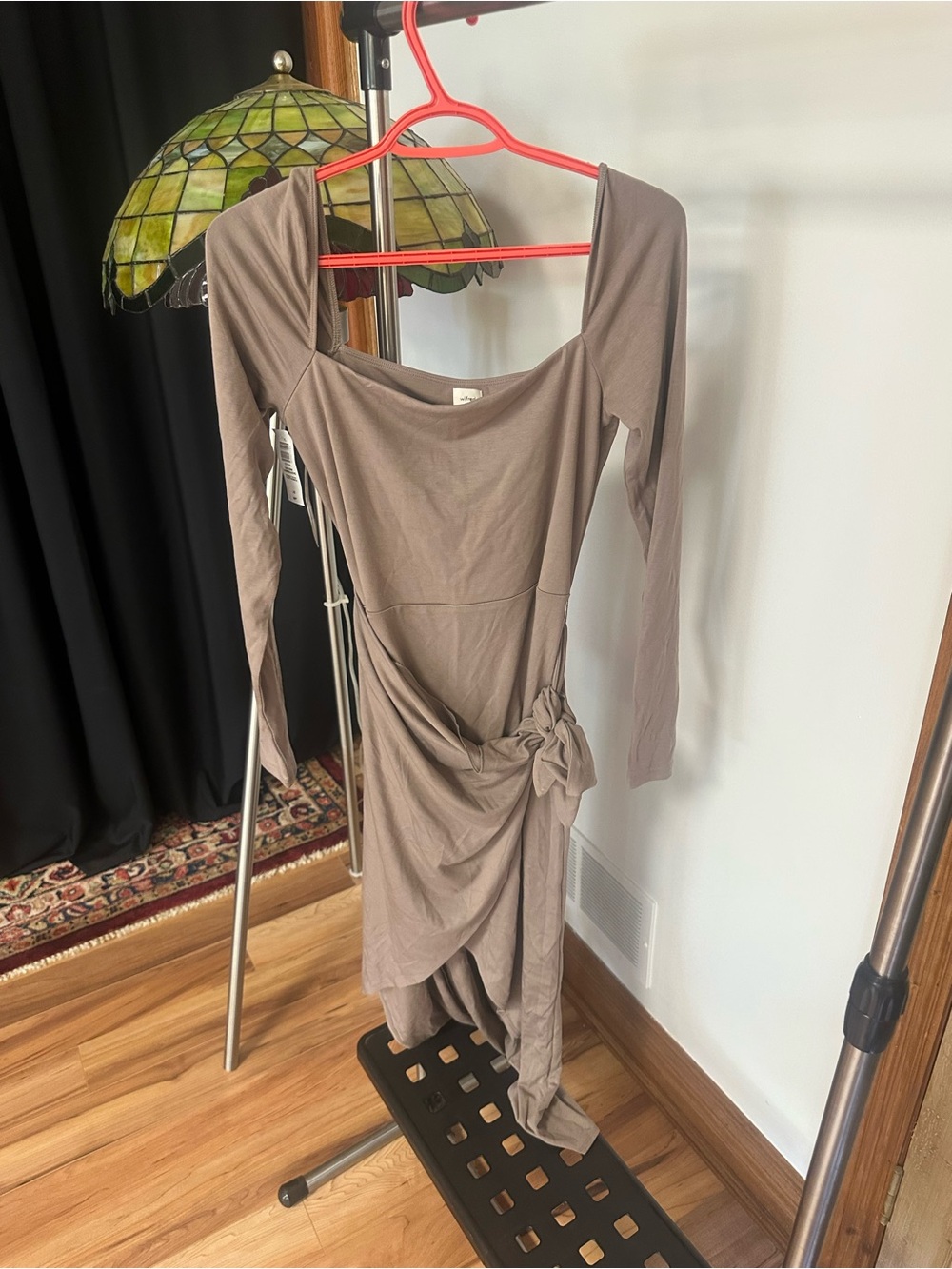 Women's Taupe Long Sleeve Draped Knot Dress